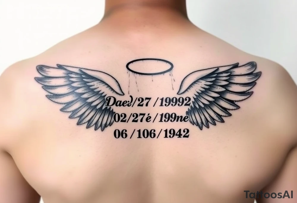 “Damontae 02/27/1992 and under that Willie Mae 06/10/1942” inside a pair of wings with a halo on top of the names and wings tattoo idea