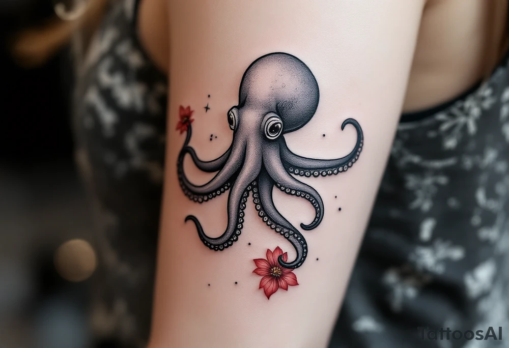 A small realistic black and grey tattoo of an octopus, cute, with detailed shading and soft linework, showing the octopus with swirling tentacles, on light skin. ornamental flowers around with red ink. The style is minimalistic and elegant, resembling fine-line tattoo with a shadow tattoo idea