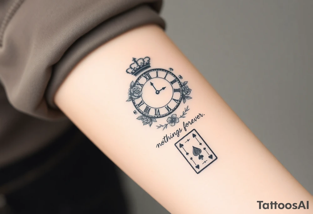 Roman clock with roses and a crown, a quote that says nothings forever. and on the bottom a deck of cards tattoo idea