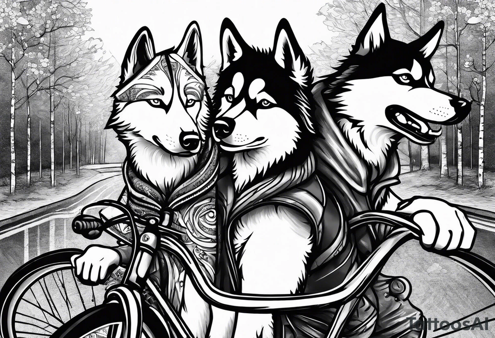 Two huskies riding bicycles tattoo idea