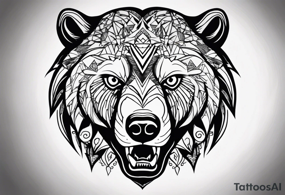 A tattoo designed for the knee, featuring the face of a feral bear with wild, exaggerated features, such as sharp fangs, intense eyes, and a snarling expression. The design incorporates large areas of white space for contrast, with beams of light or energy radiating outward from the beast’s eyes in a chaotic and powerful pattern. The overall look should be bold and primal, with flowing lines that adapt naturally to the curvature of the knee. tattoo idea