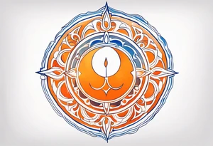 I'd like a tattoo of an orange sun with a blue ohm symbol superimposed on it. The sun should be behind the ohm symbol. tattoo idea
