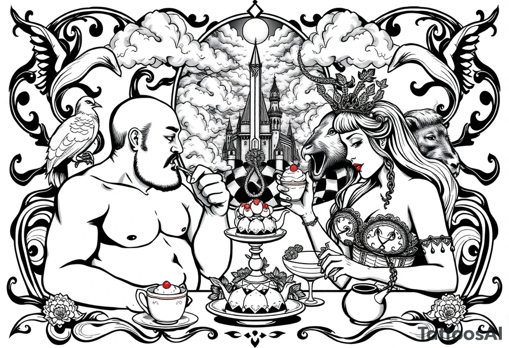Naked Man and fat woman having sex eating cupcakes and  fruit  having sexy naked fat lady having a tea party with tea pots  with medieval castle  
with mystical  aries a pigs, peacock,  lion, goat, noose and smoking cigerettes looking in the mirror thru storm clouds and broken hearts and darkness and wrath, envy , gluttony, greed, sloth, pride . Gothic tattoo idea