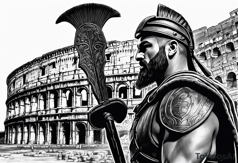 Side profile of spartan soilder looking left at Roman colosseum tattoo idea