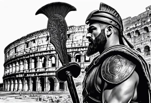 Side profile of spartan soilder looking left at Roman colosseum tattoo idea
