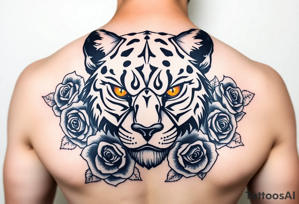 All black wold with orange eyes surrounded by blue roses tattoo idea