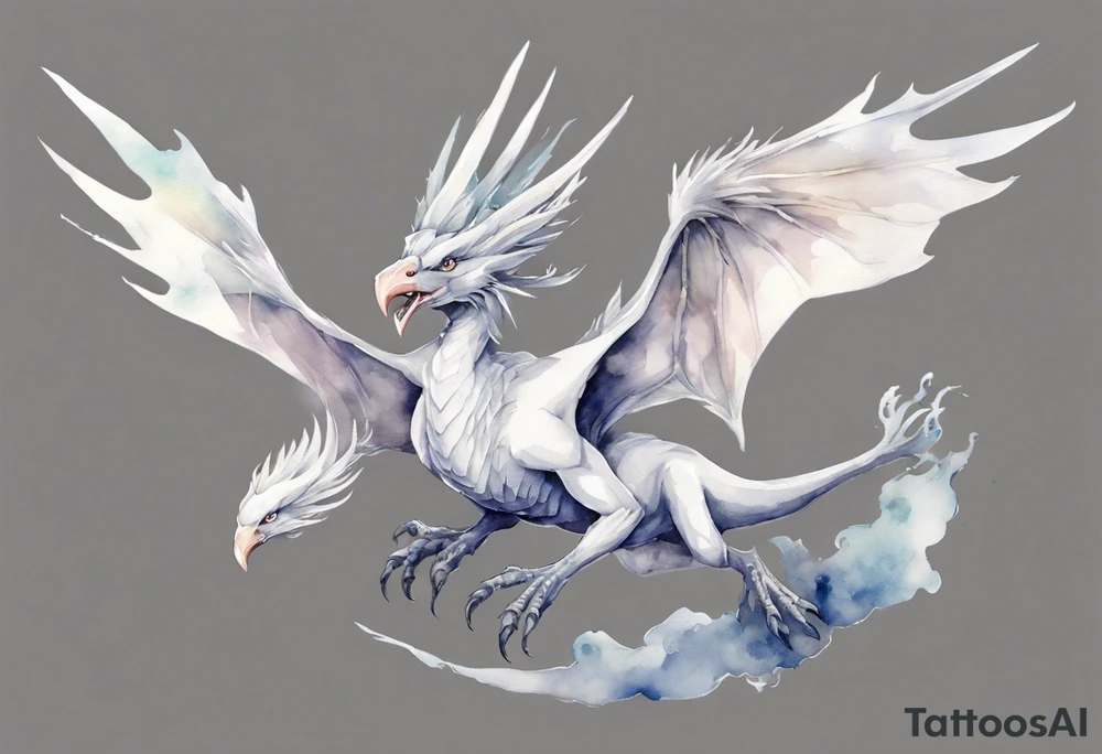 a white bird-wyvern hybrid, wearing a pewter crown on its head, flying in the air tattoo idea