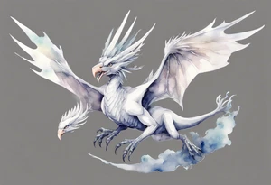 a white bird-wyvern hybrid, wearing a pewter crown on its head, flying in the air tattoo idea