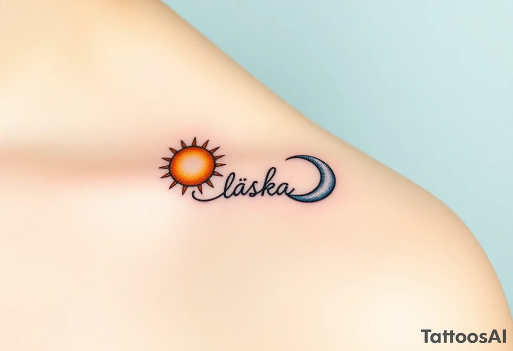 A moon-and-sun-themed infinity symbol, where one side features a golden sun and the other a silvery crescent moon, with the word "láska" written in between tattoo idea