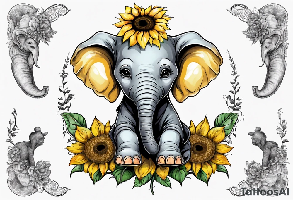 Sitting young elephant with trunk raised in air with sunflowers around it tattoo idea