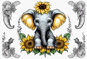 Sitting young elephant with trunk raised in air with sunflowers around it tattoo idea