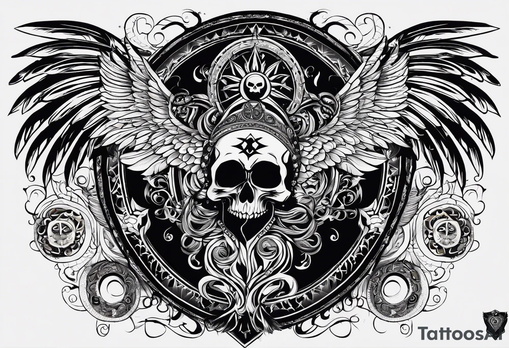 black kali, goddess pirate, alien, angel, pachamama, valkrye, warrior, flying, skull, lotus azul, wing, eagle, zenza resonance, stars, 5D, anahata chakra, death, durga, riding on a tiger, flying lady tattoo idea
