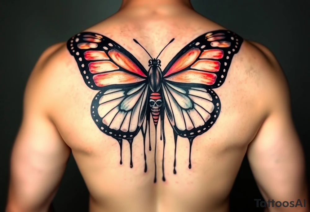 powerful majestic and dark monarch butterfly with skull detail in the wings
hidden skulls in wings, with a dripping effect, including blue, red and white colouring tattoo idea