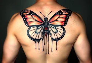 powerful majestic and dark monarch butterfly with skull detail in the wings
hidden skulls in wings, with a dripping effect, including blue, red and white colouring tattoo idea