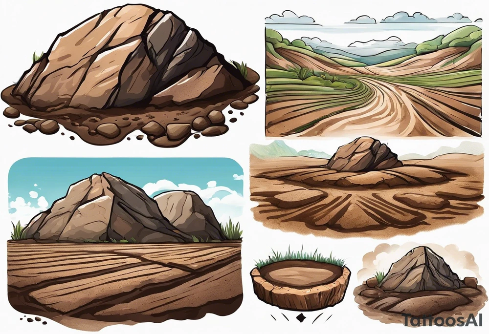 Create a tattoo of a flat topped rock Ebenezer with a base under the ground line that is pointed and deep, surrounded by freshly tilled and raked soil ready to be planted and under ground in front of the rock, a seed planted and pushing through the soil tattoo idea