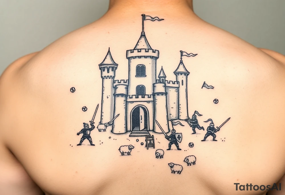 "Sketch-style or blackwork tattoo of a stylized medieval castle inspired by Age of Empires IV, with tiny funny knights clumsily fighting around it. Some are swinging swords too big for them, others are hiding behind shields or chasing sheep. Include small battlefield chaos like broken ladders, dropped flags, or a trebuchet misfiring. Light-hearted and humorous, drawn in hand-sketched cartoon style. Designed for shoulder placement." tattoo idea