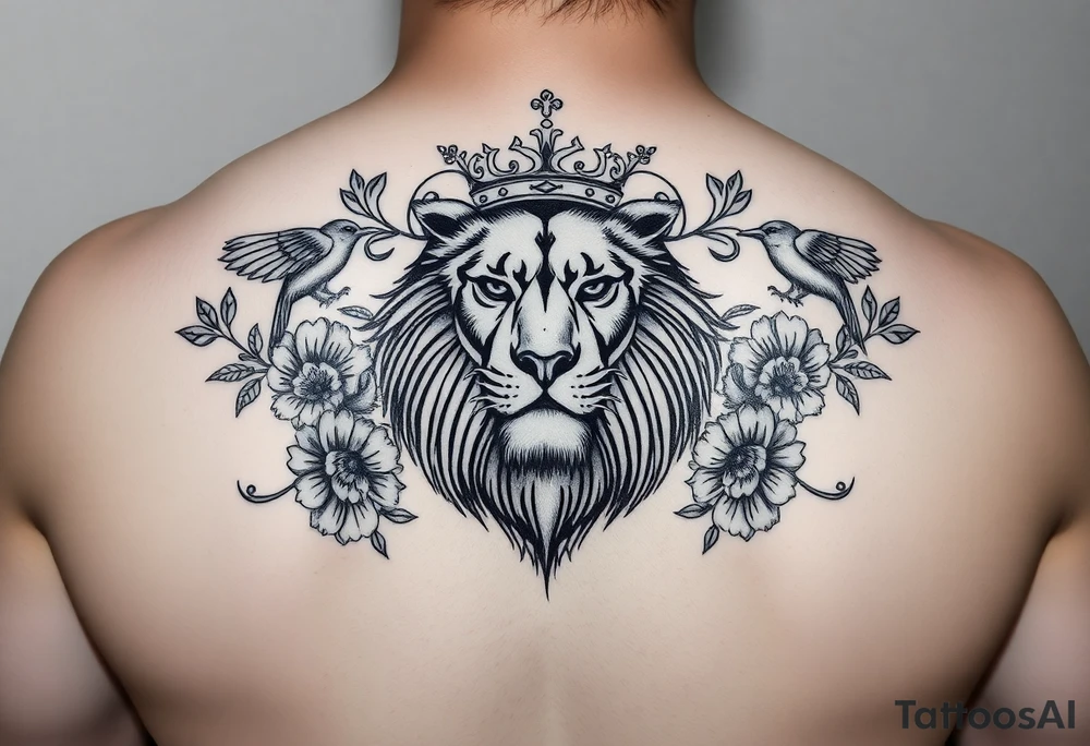 powerful majestic lion with a crown, surrounded by floral ornaments and birds tattoo idea