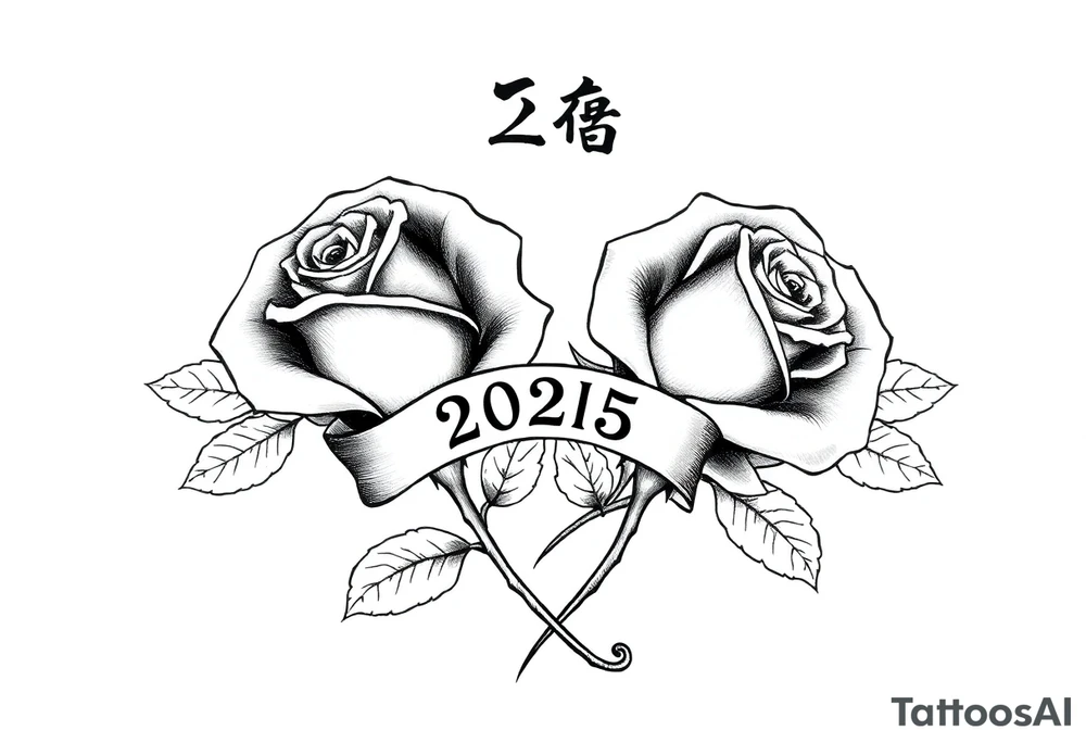 two beautiful rose buds, side by side, with many leaves and their stems intertwined, representing two people in love. Include a banner connecting the two roses with "2025" on it.  The word "Rose" written in Kanji above the drawing.  Use dark outlines with little shading. The end of the rose stem should be curved or twisted - not straight down. tattoo idea