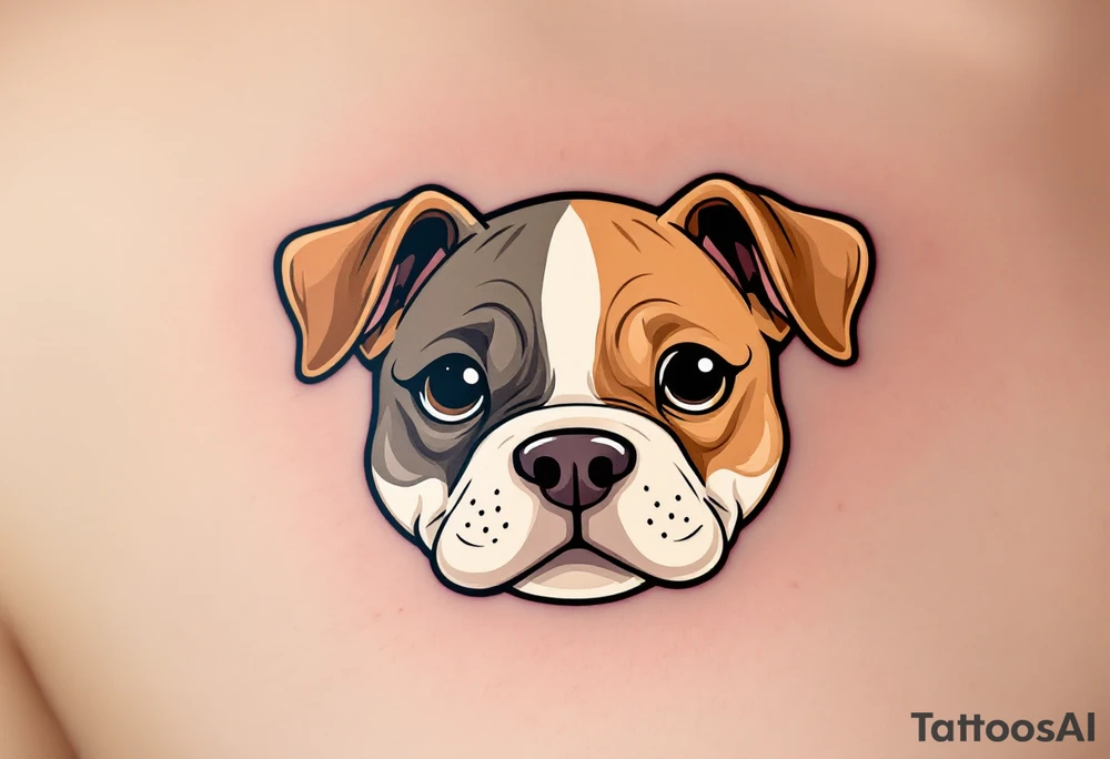 Cartoon Staffordshire Bull Terrier – A cute, exaggerated version with big eyes and floppy ears, shaded in light brown and creamy white, playful and sweet. tattoo idea
