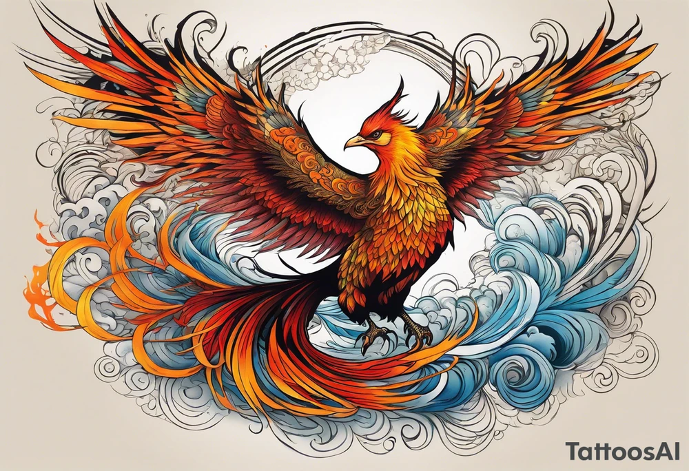 Tattoo: A powerful, majestic phoenix, depicted mid-flight or rising, with wings extended and feathers flowing. Deep shading and intricate details to bring out the texture and motion of the feathers. tattoo idea