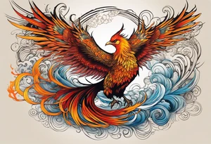 Tattoo: A powerful, majestic phoenix, depicted mid-flight or rising, with wings extended and feathers flowing. Deep shading and intricate details to bring out the texture and motion of the feathers. tattoo idea