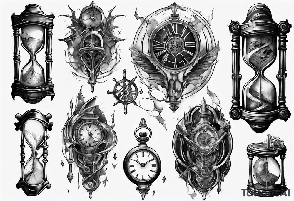 dark fantasy long tattoo
broken hourglass and old watch tattoo idea