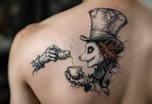 The mad hatter pouring a cup of 
tea into the white rabbits head tattoo idea