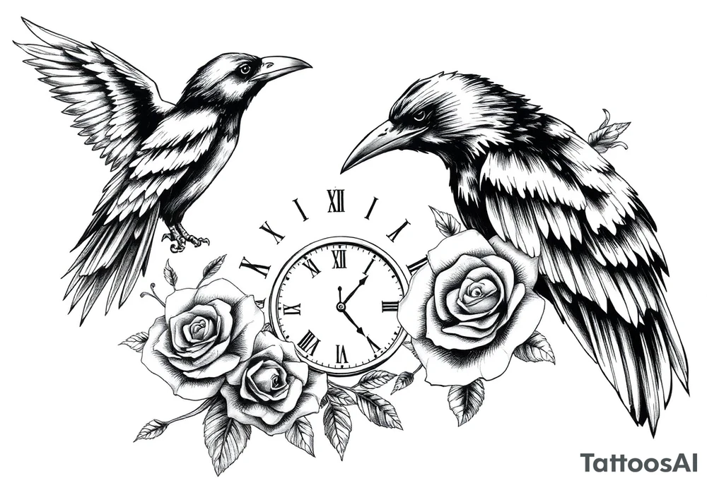 raven,roses,clock. tattoo idea