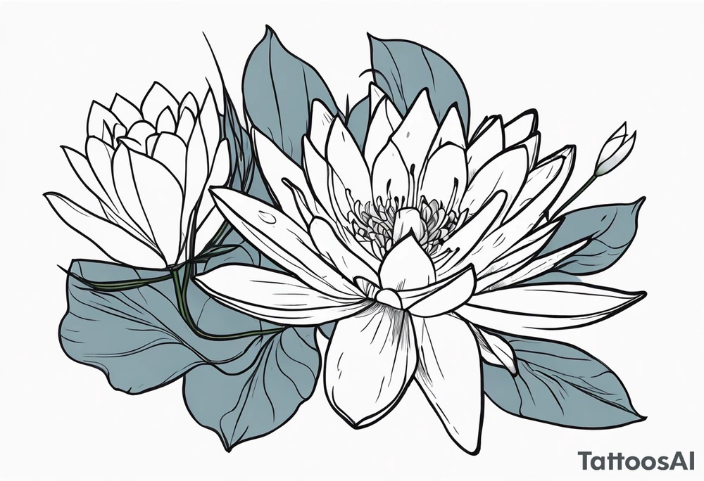 Larkspur and water lily bouquet with stems tattoo idea