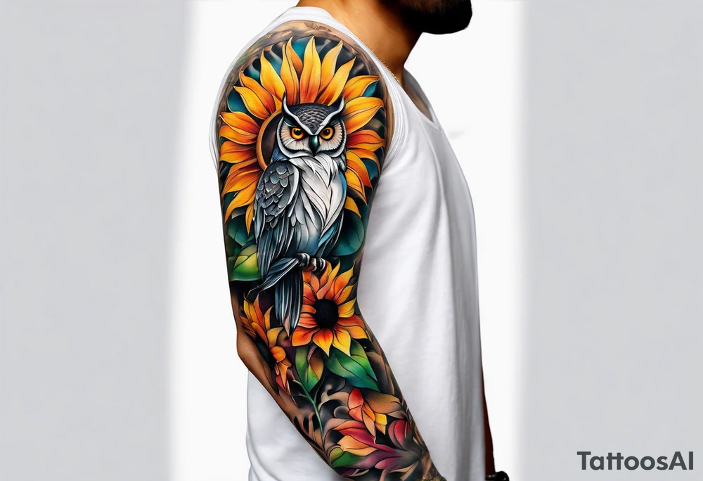 Arm sleeve with colorful sunflowers and an owl tattoo idea