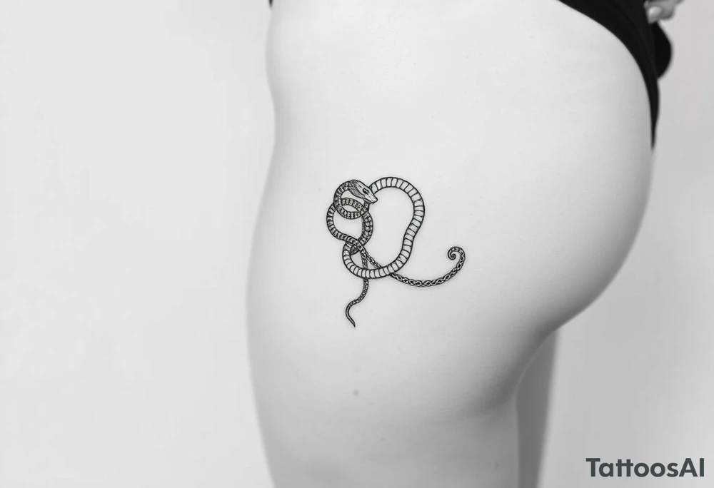 Fine-line thigh tattoo, wrapped chain made of intertwined snakes Medusa-inspired symbolism, feminine, dainty, large piece from hip to thigh tattoo idea
