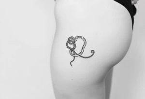 Fine-line thigh tattoo, wrapped chain made of intertwined snakes Medusa-inspired symbolism, feminine, dainty, large piece from hip to thigh tattoo idea