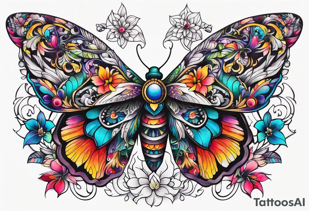 ornaments of flowers and moth with crystals 
chest piece tattoo idea