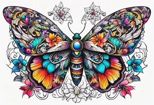 ornaments of flowers and moth with crystals 
chest piece tattoo idea