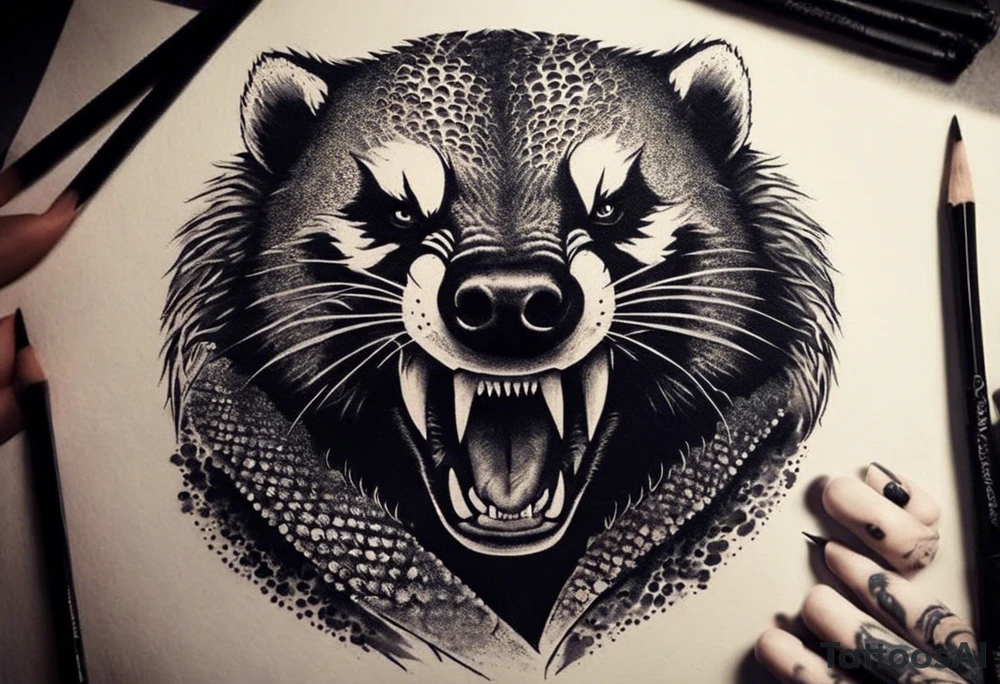 Draw me psychopath Fearless Honey Badger/Berserker with aggressive full body, killer face with a scary smile, very long nails and he attacks like a Bloody Assassin/Warrior/Gladiator to us and also, he has very deadly looking. He fights with his nails only. Everybody scares after their first sight. Give me horror type Badger Tattoo. I want to see his Realistic full body with no weapons. You can show destruction at the back. tattoo idea