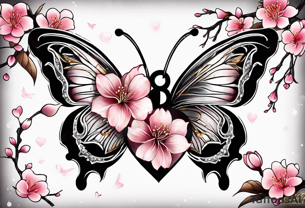Cherry Blossom Tattoo with a key that unlocks a heart surrounded by white butterflies and in a golden aura tattoo idea