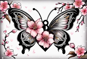 Cherry Blossom Tattoo with a key that unlocks a heart surrounded by white butterflies and in a golden aura tattoo idea