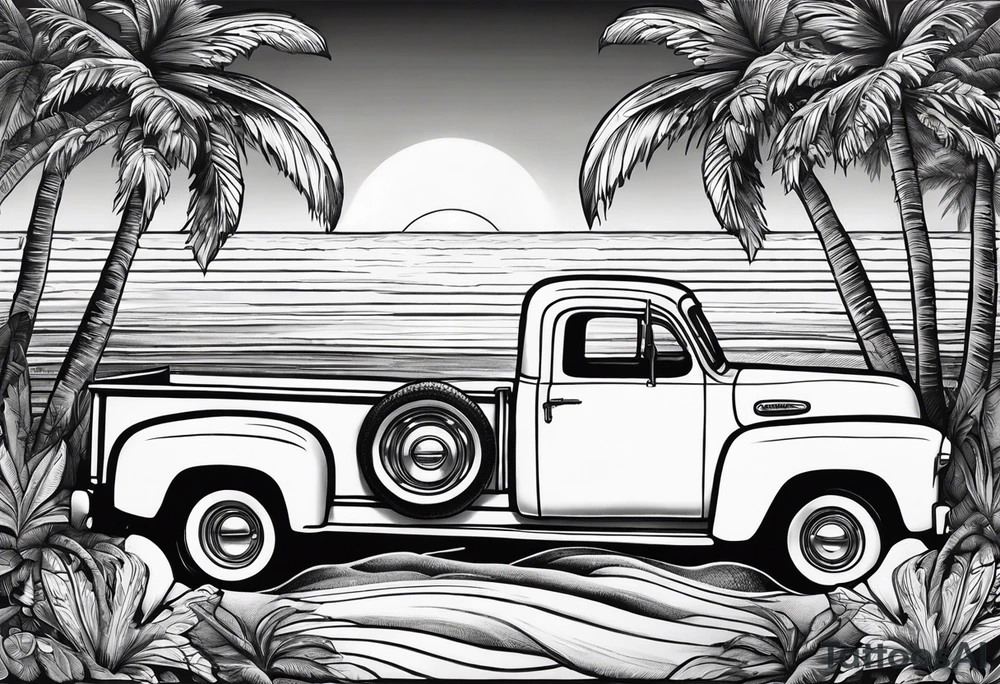 Beach theme, palm trees,waves, sunset, classic truck, marijuana leaf tattoo idea