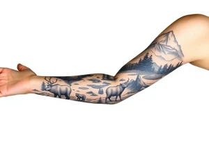 A full-sleeve with the Härjedalen landscape, reindeer, bear, lakes, mountains (Helags), tattoo idea