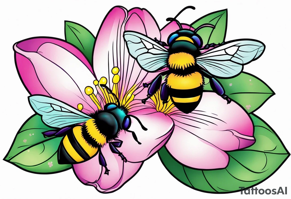 A beautiful detailed pink, purple, and teal Hawaiian jasmine flower with 2 tiny adorable baby bumblebees landing on the petals tattoo idea