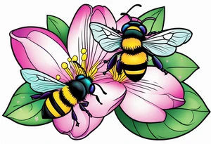 A beautiful detailed pink, purple, and teal Hawaiian jasmine flower with 2 tiny adorable baby bumblebees landing on the petals tattoo idea