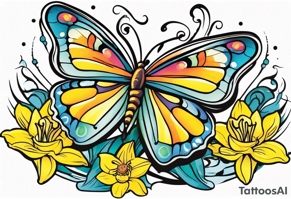 Butterfly, star and daffodils, aster flower tattoo idea