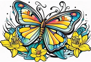 Butterfly, star and daffodils, aster flower tattoo idea