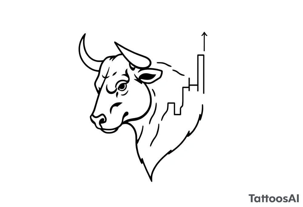 Create a minimalist black line tattoo of a bull’s head that transitions into an upward-trending candlestick stock chart. The design should have clean, fluid lines and combine the bull’s face and horns on the left, with the candlestick chart rising to the right, forming the shape of the bull’s jaw/neck. Keep the style simple and elegant, suitable for a forearm or upper arm tattoo.” tattoo idea