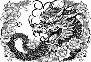 Chinese dragon mouth closed, koi, floral, black, shoulder tattoo idea