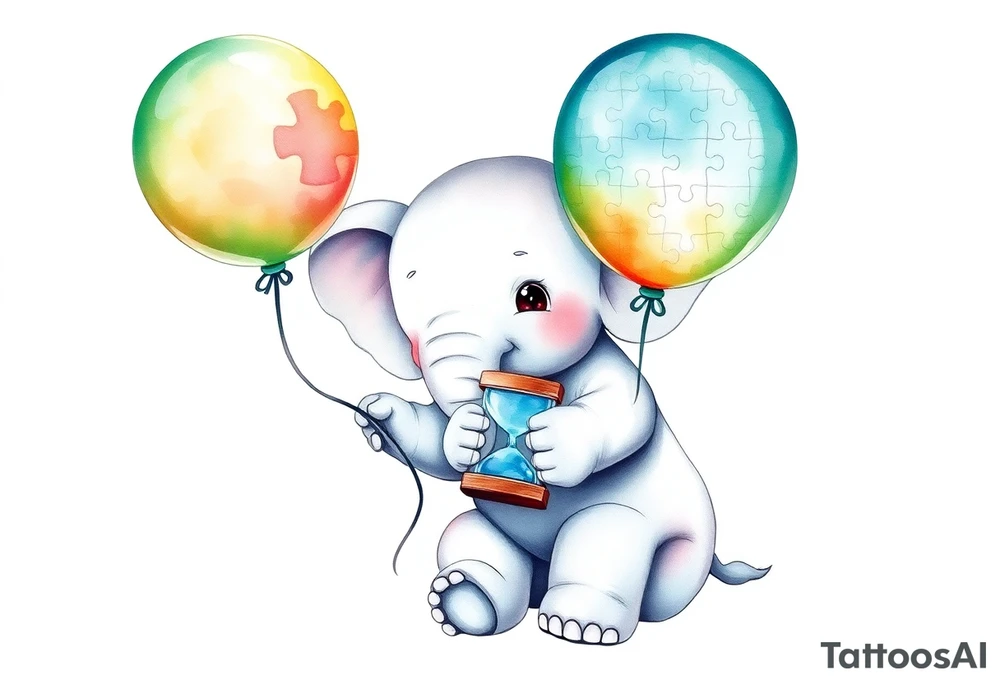 Baby elephant holding autism puzzle balloon holding hour glass tattoo idea