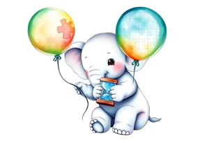 Baby elephant holding autism puzzle balloon holding hour glass tattoo idea