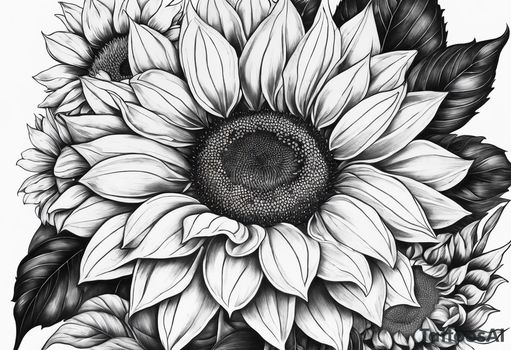 My moms name in cursive Araceli with sunflowers around it with shading all around tattoo idea
