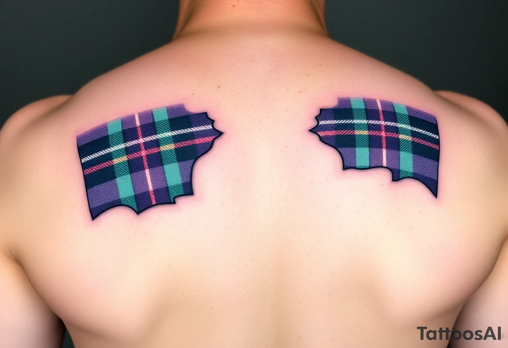 Side of arm Dark Purple with green pink blue and white highlights tartan fabric with flesh peeling away at edges tattoo idea