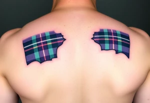 Side of arm Dark Purple with green pink blue and white highlights tartan fabric with flesh peeling away at edges tattoo idea